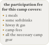 the participation fee for this camp covers:
2 meals
some softdrinks
hiway & gas
camp fees
all the necessary camp gear