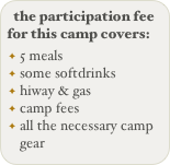 the participation fee for this camp covers:
5 meals
some softdrinks
hiway & gas
camp fees
all the necessary camp gear