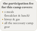 the participation fee for this camp covers:
2 meals (breakfast & lunch)
hiway & gas
all the necessary camp gear